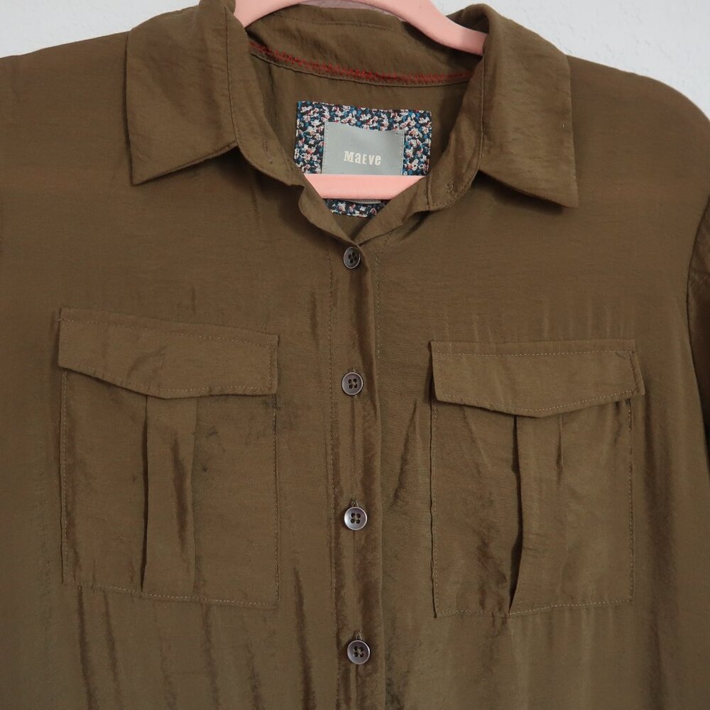 Anthropologie Maeve Olive Army Green Midi Drawstring Shirt Dress Size 4 Small - Picture 8 of 14